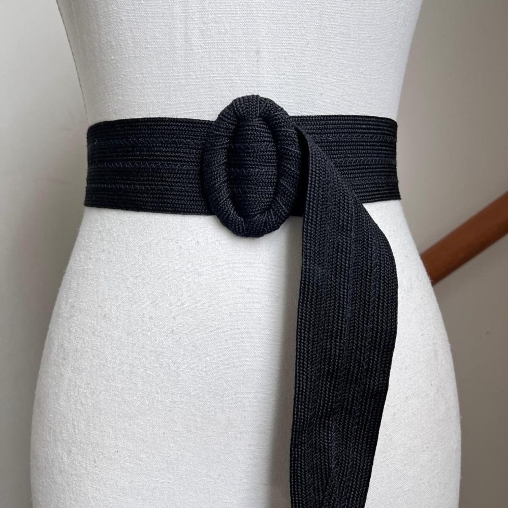 Vintage Black Woven Waist Belt Oval Buckle Obi Statement Minimalist Chic